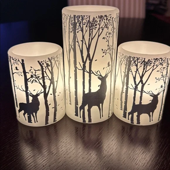 Set of three white flickering flameless candles with silver deer in woods motif - Picture 3 of 7